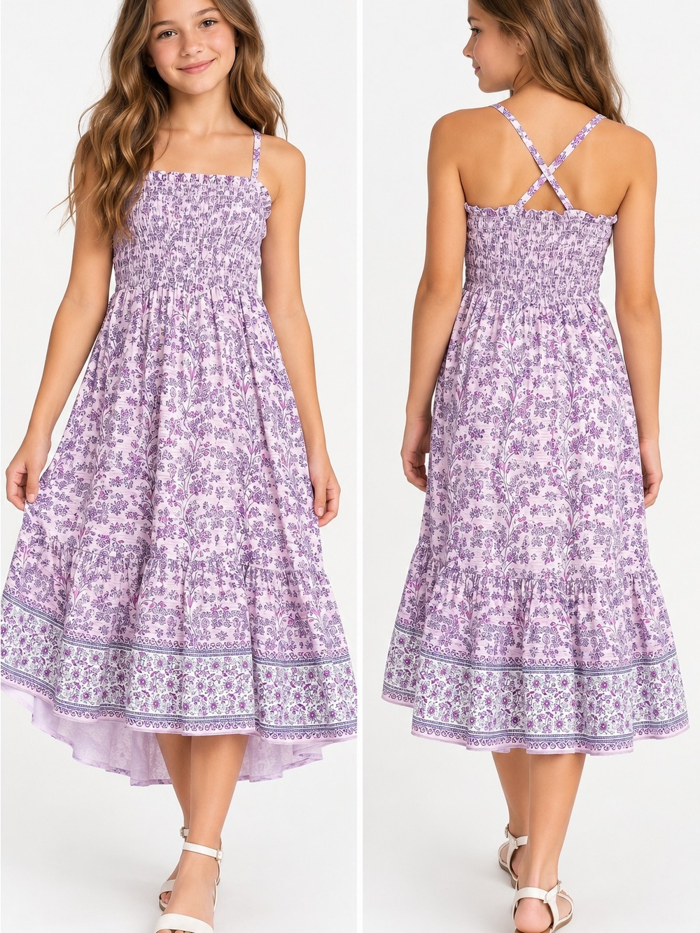 Crewcuts 99% Cotton Lavender Floral Smocked High-Low Sundress T12